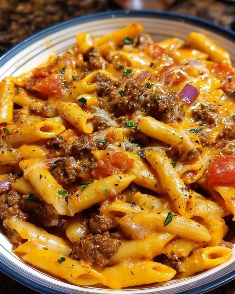 Creamy beef pasta dish with rich and savory sauce