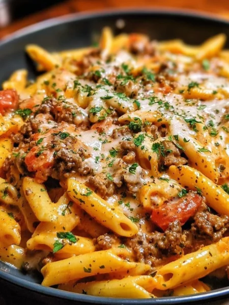 Creamy Beef Pasta with herbs and cheese in a bowl
