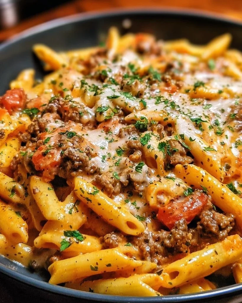 Creamy Beef Pasta with herbs and cheese in a bowl