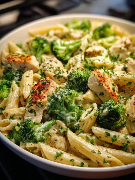 Creamy broccoli chicken penne pasta dish with vibrant vegetables