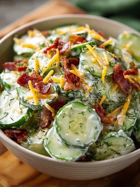 Creamy cucumber salad with bacon and cheese in a bowl