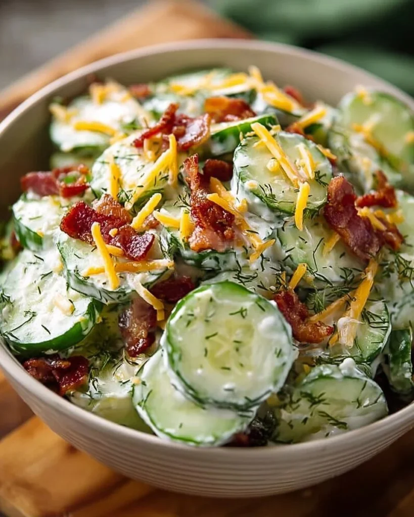 Creamy cucumber salad with bacon and cheese in a bowl