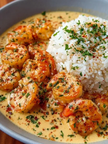 Creamy garlic butter shrimp dish served with rice in a one-pan meal