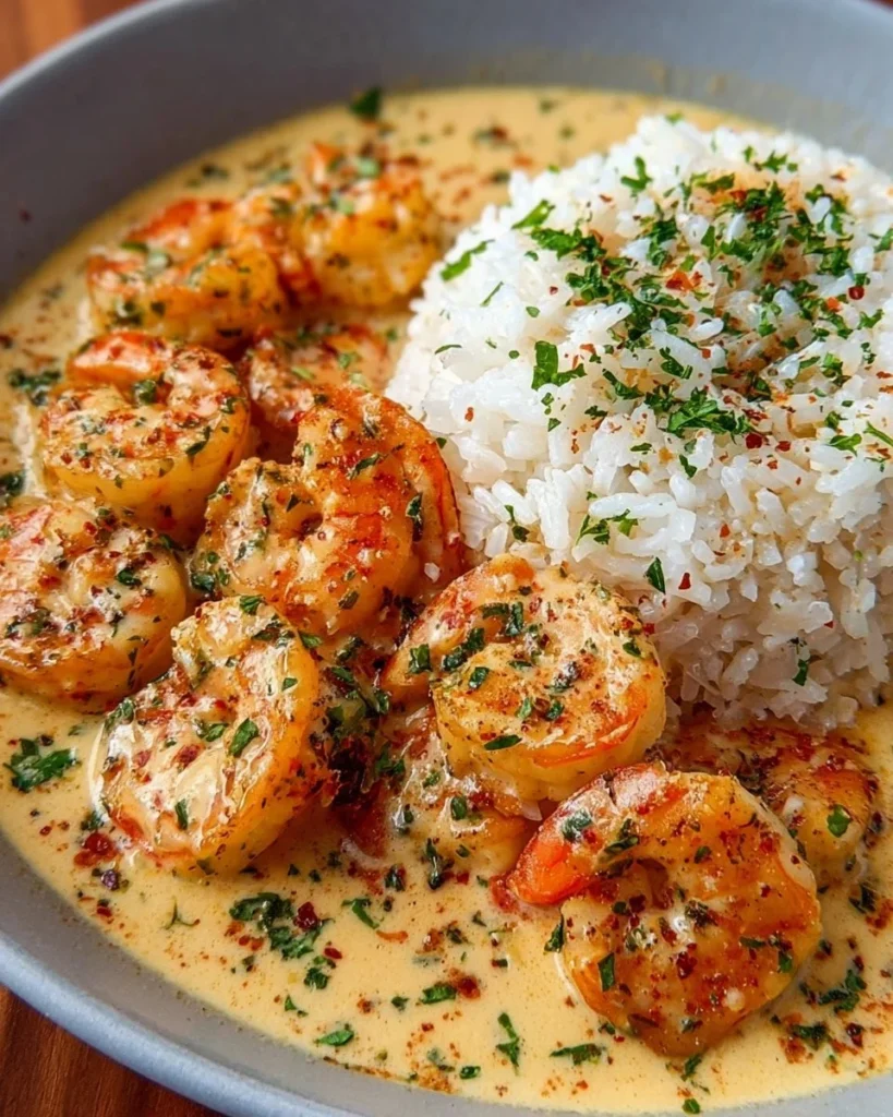 Creamy garlic butter shrimp dish served with rice in a one-pan meal