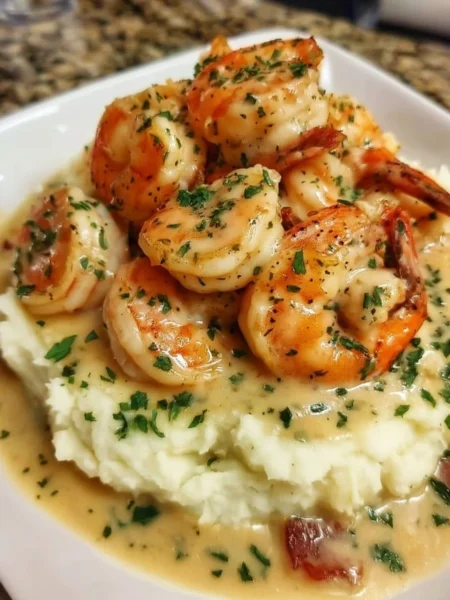 Creamy garlic shrimp served on a bed of mashed potatoes.