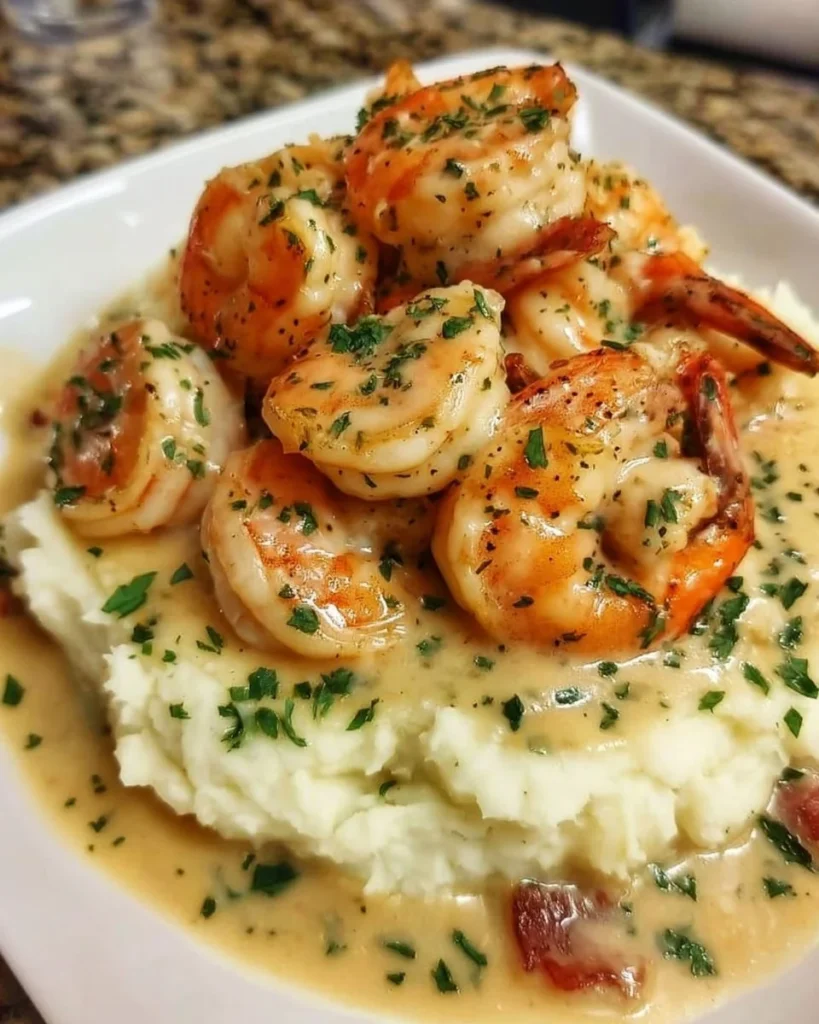 Creamy garlic shrimp served on a bed of mashed potatoes.