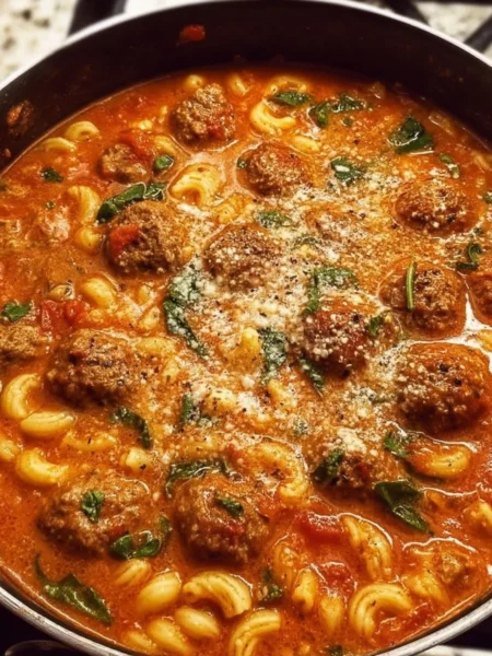 Creamy Italian meatball soup in a bowl garnished with herbs