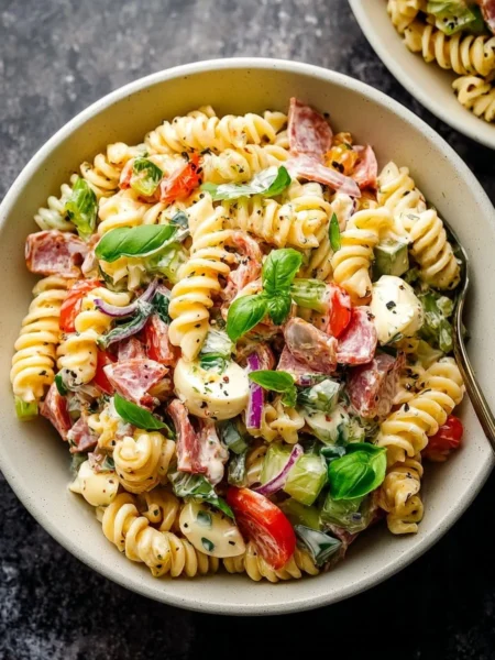 Creamy Italian pasta salad with fresh vegetables in a bowl