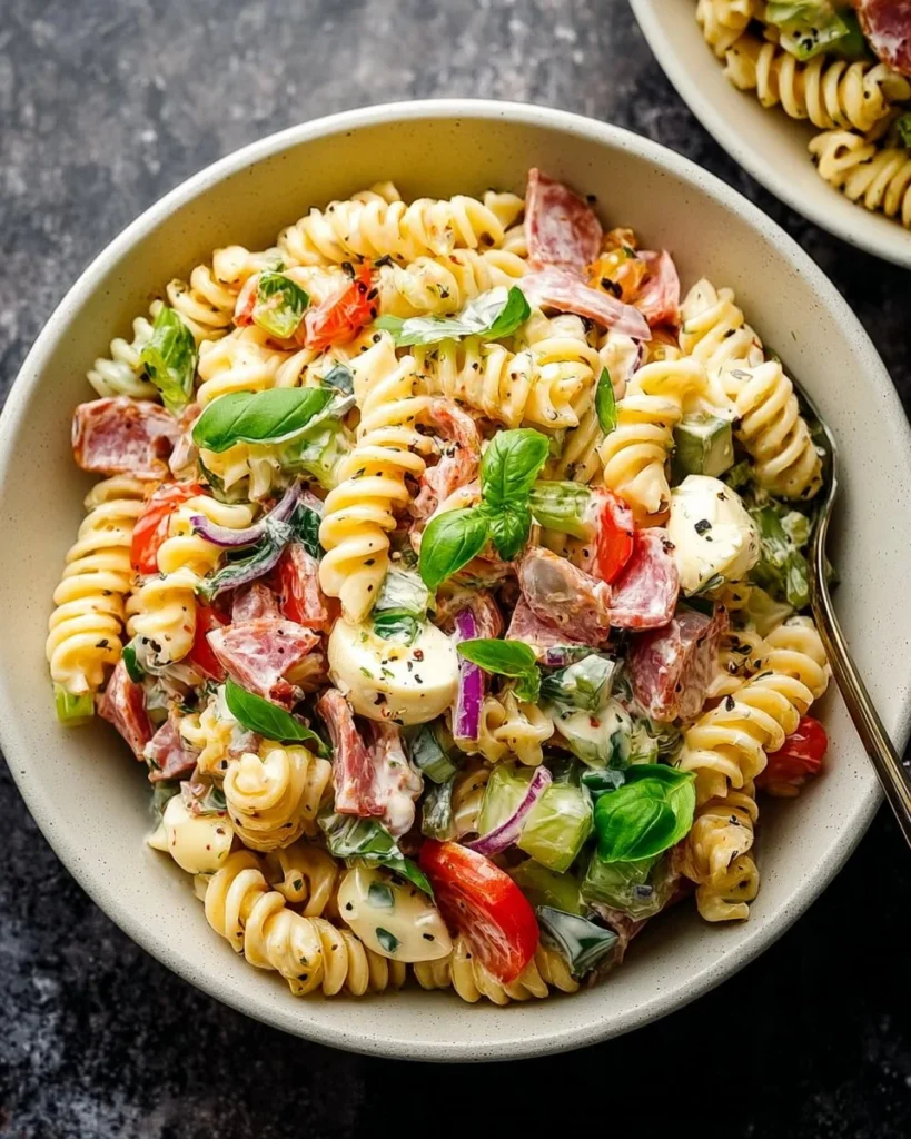 Creamy Italian pasta salad with fresh vegetables in a bowl
