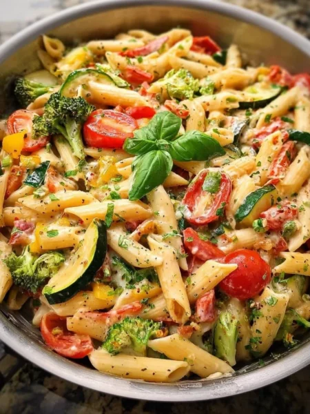 Creamy pesto pasta with fresh veggies in a bowl