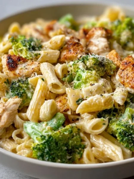 Creamy rotisserie chicken broccoli pasta dish served in a bowl