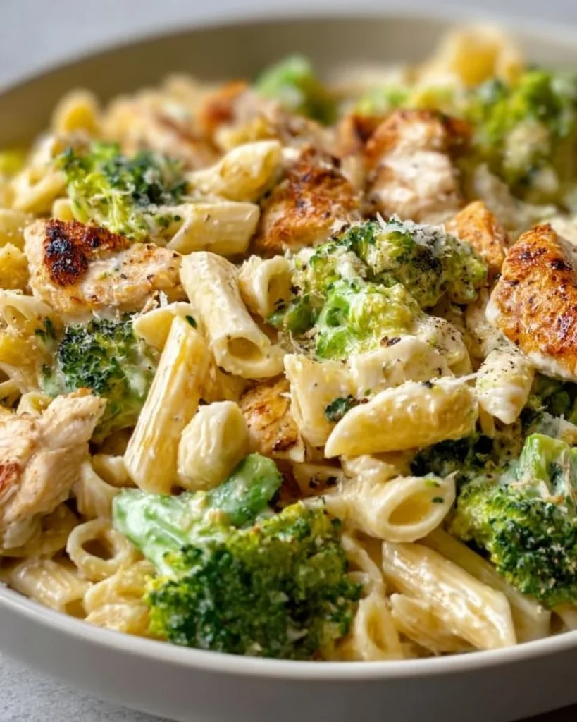 Creamy rotisserie chicken broccoli pasta dish served in a bowl