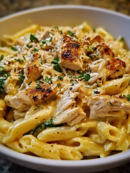 Creamy rotisserie chicken pasta in a bowl garnished with herbs