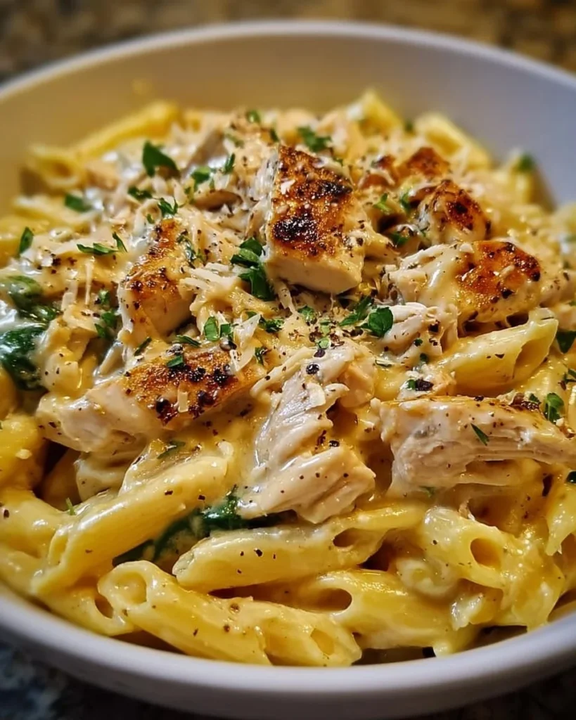 Creamy rotisserie chicken pasta in a bowl garnished with herbs