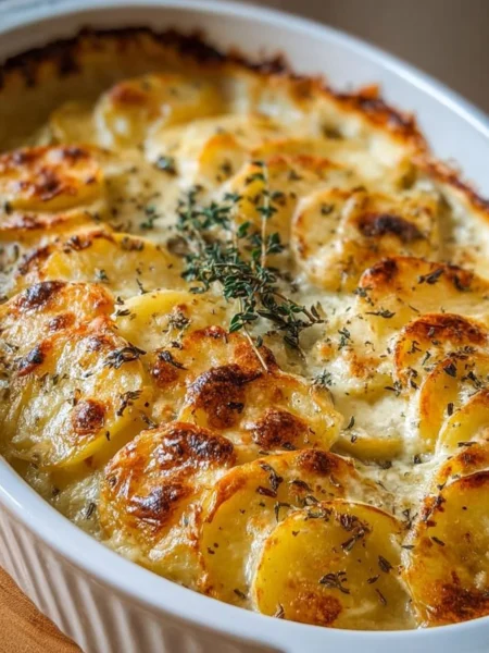 Creamy scalloped potatoes dish served in a white baking dish
