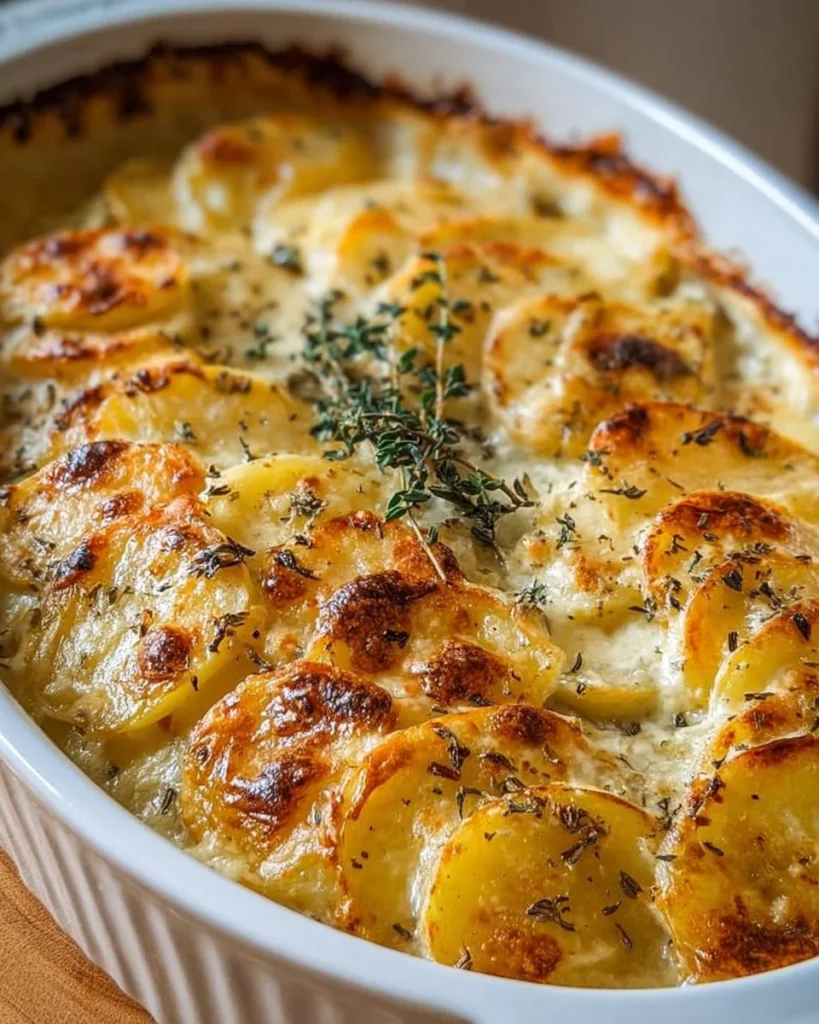 Creamy scalloped potatoes dish served in a white baking dish