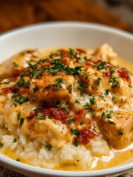 Creamy slow cooker chicken and rice dish showcasing the secret ingredient for flavor.