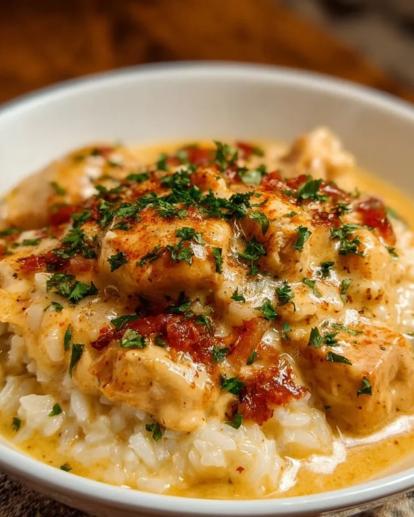 Creamy slow cooker chicken and rice dish showcasing the secret ingredient for flavor.