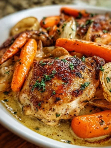 Creamy slow cooker chicken served with roasted carrots and onions in a bowl.