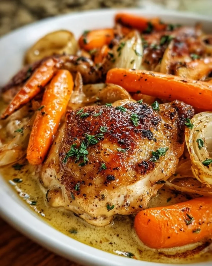 Creamy slow cooker chicken served with roasted carrots and onions in a bowl.