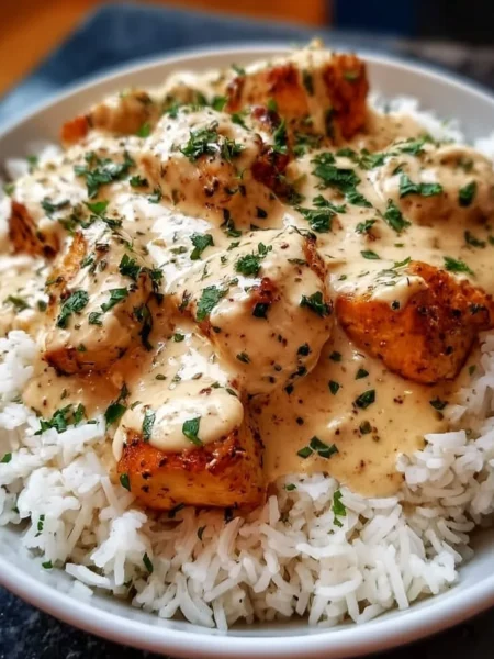 Creamy smothered chicken served over rice, garnished and delicious.