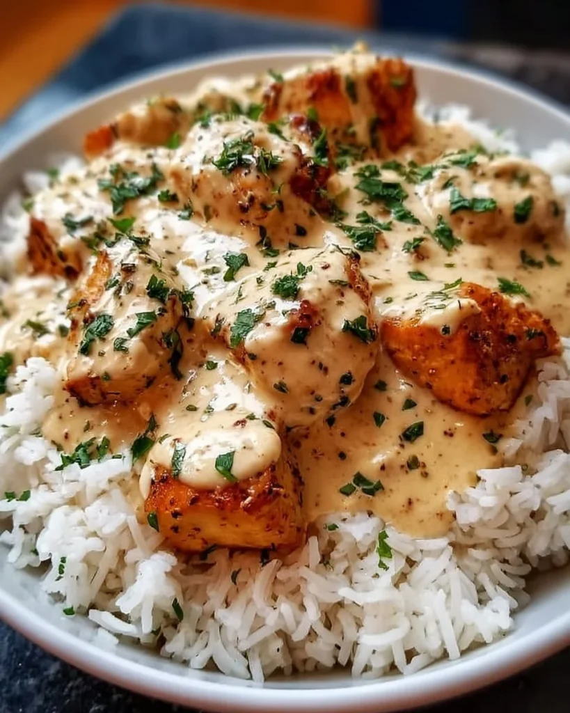 Creamy smothered chicken served over rice, garnished and delicious.