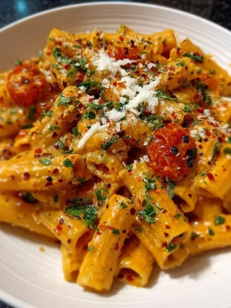 Delicious creamy tomato garlic pasta served in a bowl