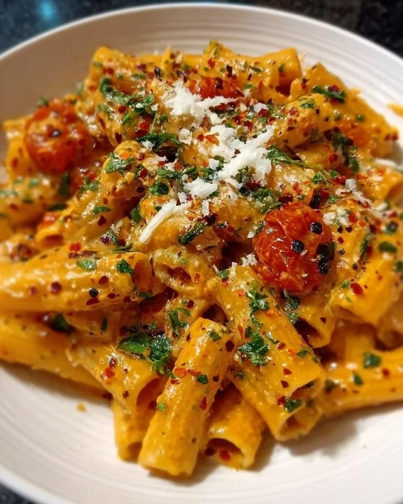 Delicious creamy tomato garlic pasta served in a bowl
