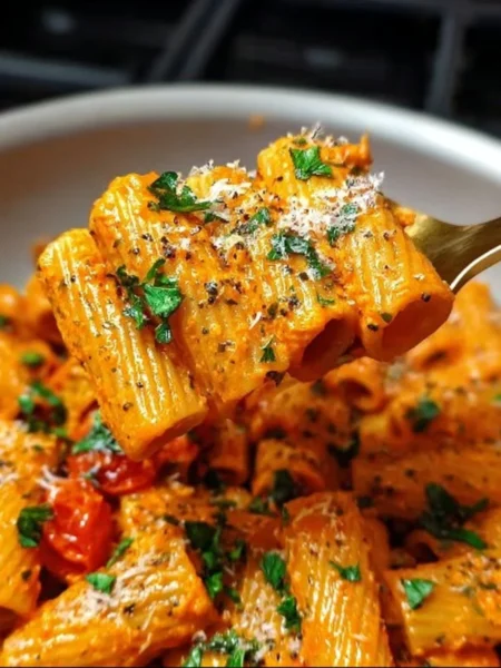 Creamy tomato garlic rigatoni pasta served in a bowl with fresh basil and cheese.