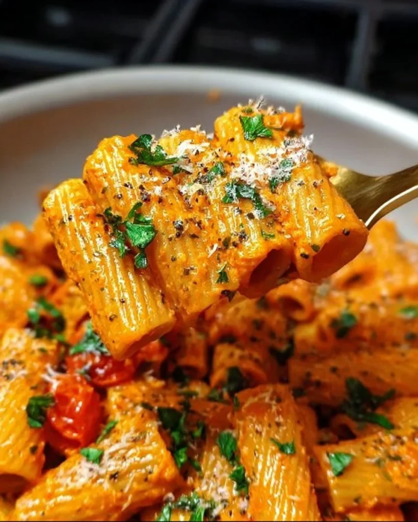 Creamy tomato garlic rigatoni pasta served in a bowl with fresh basil and cheese.