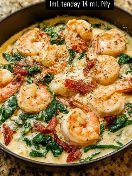 A plate of creamy Tuscan shrimp served with fresh herbs and pasta