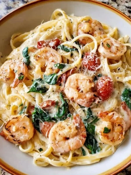 Delicious creamy Tuscan shrimp linguine served in a bowl with fresh herbs