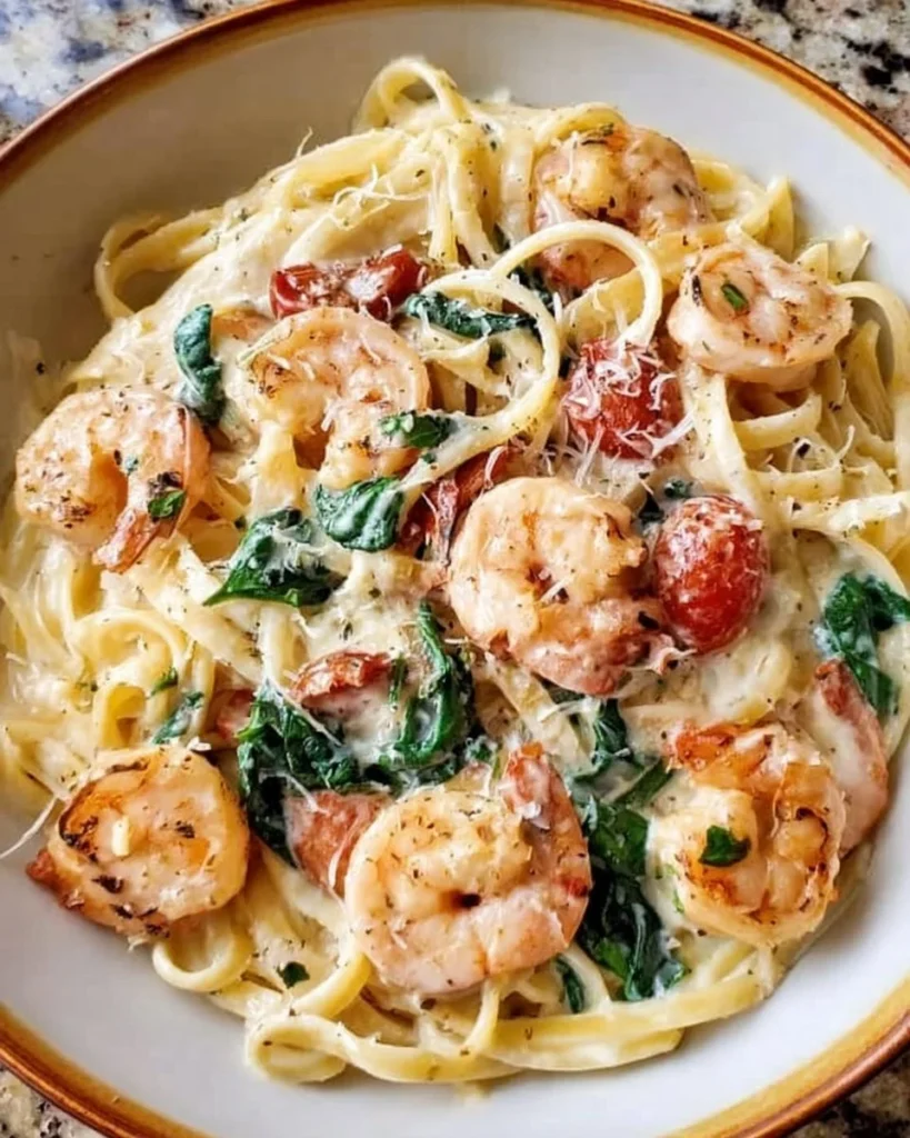 Delicious creamy Tuscan shrimp linguine served in a bowl with fresh herbs