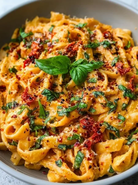 Creamy vegan sun-dried tomato pasta garnished with fresh basil and pine nuts
