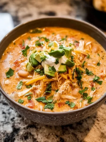 Bowl of creamy white chicken chili garnished with cilantro and lime