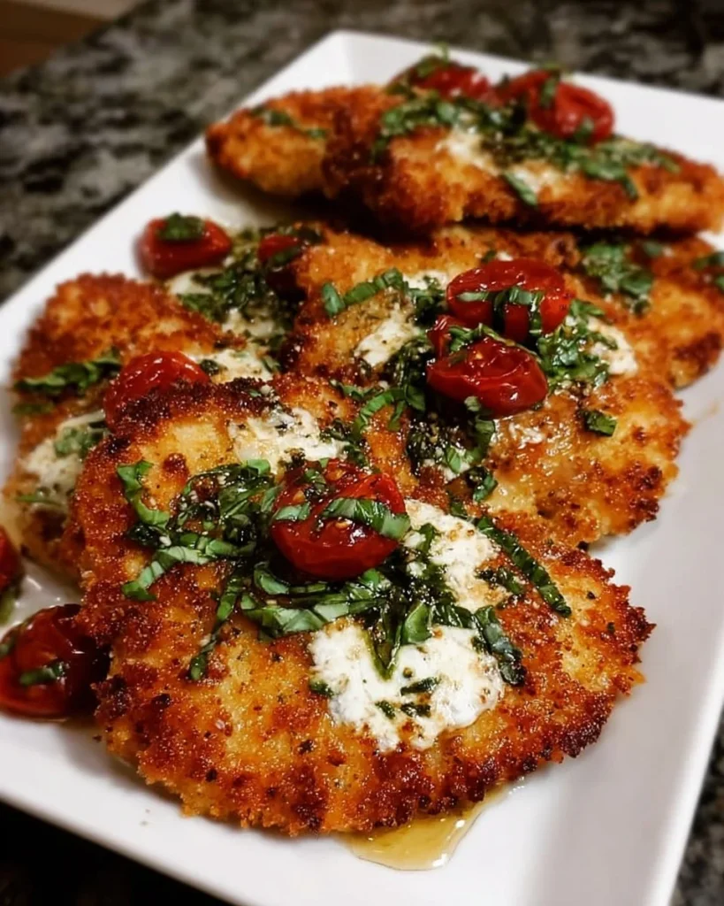 Crispy Parmesan-Basil Chicken Cutlets plated with a side of vegetables
