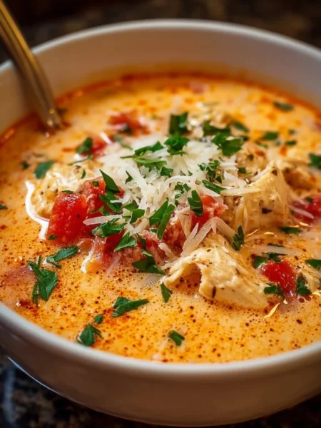 Crock Pot Creamy Chicken Parmesan Soup in a bowl garnished with parsley