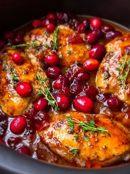 Crockpot Cranberry Apricot Chicken with colorful cranberries and apricots