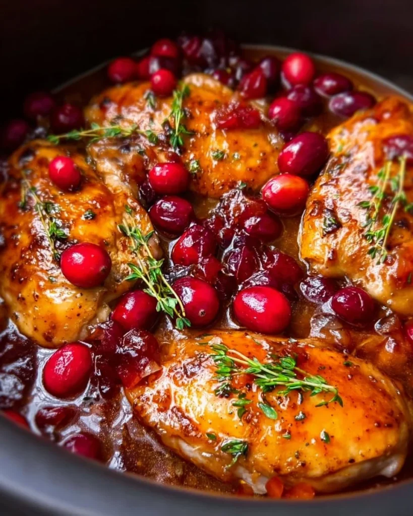 Crockpot Cranberry Apricot Chicken with colorful cranberries and apricots