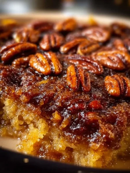 Crockpot Pecan Pie Cobbler served in a dish with a scoop of ice cream