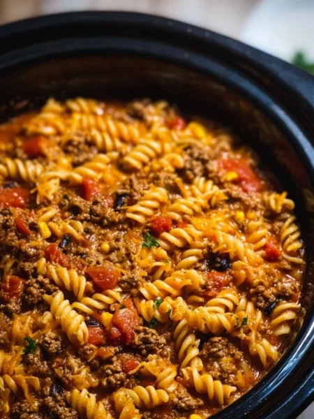 Bowl of creamy Crockpot Taco Pasta garnished with cilantro