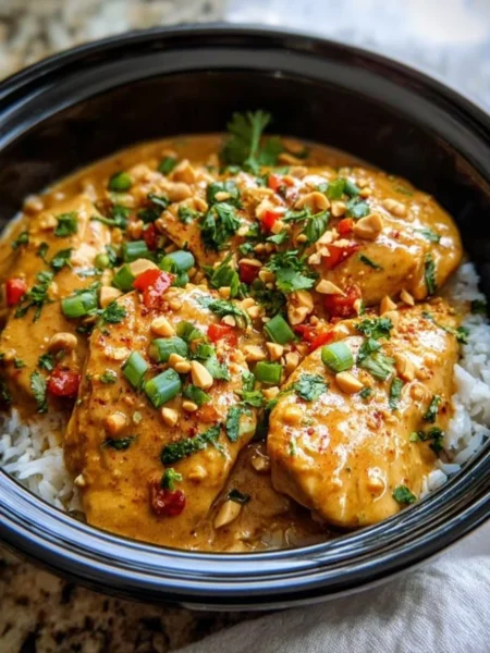 Delicious Crockpot Thai Peanut Chicken served with rice and vegetables