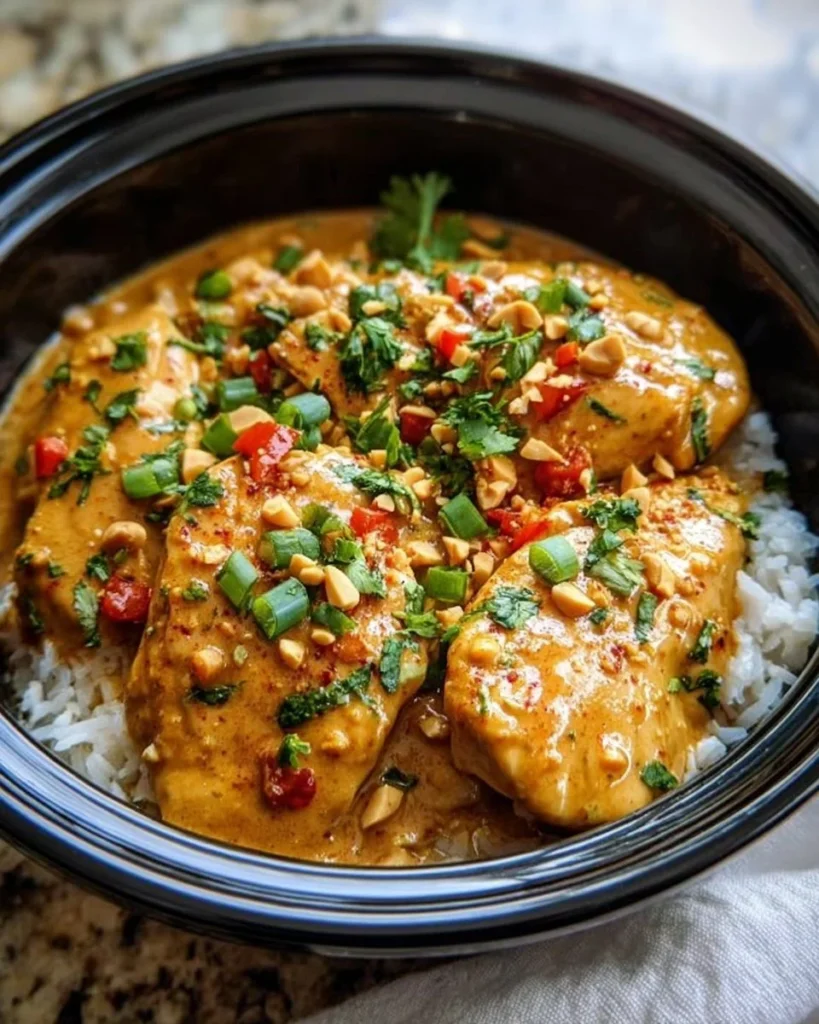Delicious Crockpot Thai Peanut Chicken served with rice and vegetables