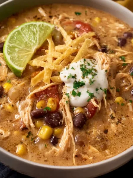 Bowl of Crockpot White Chicken Chili with Cream Cheese topped with cilantro.