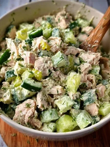 Cucumber Dill Rotisserie Chicken Salad served in a bowl with fresh ingredients
