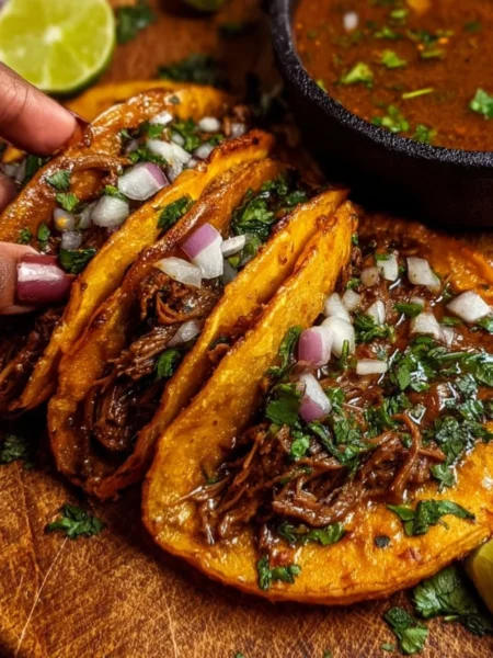 Delicious beef birria tacos with toppings in a vibrant setting