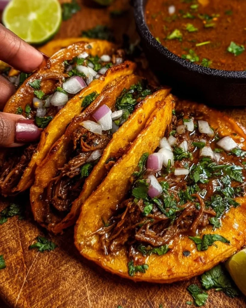 Delicious beef birria tacos with toppings in a vibrant setting