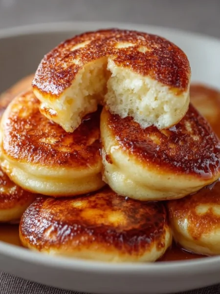 Delicious breakfast pancake poppers served with syrup and fresh fruit