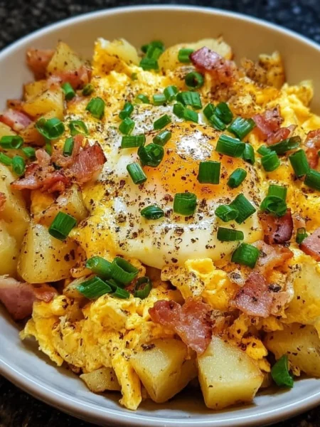 Delicious cheesy potato egg scramble served in a bowl