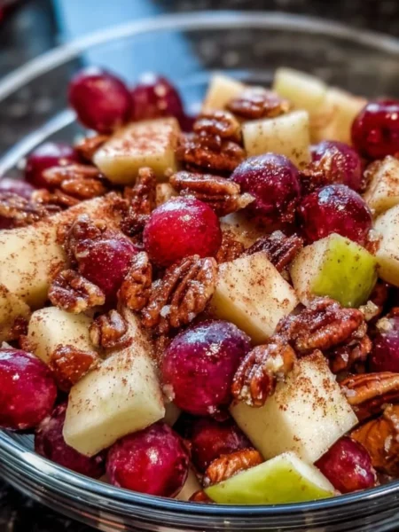 Bowl of delicious Cinnamon Apple Grape Salad with fresh fruits and cinnamon dusting.